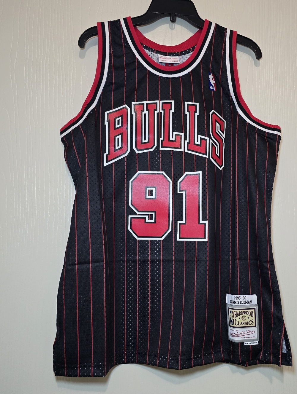 Chicago Bulls‎ Dennis Rodman Mitchell & Ness pinstripe Black Jersey. New L